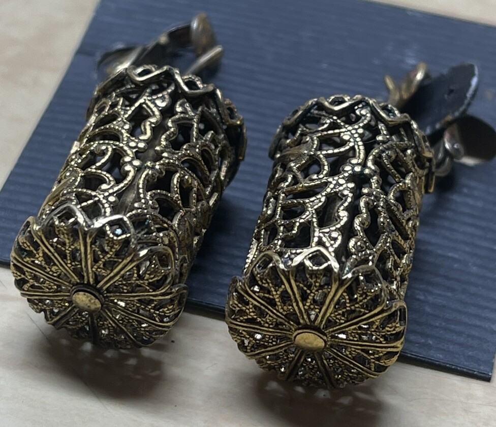 Vintage MCM Earrings Look Like Hollywood Regency Gold Filigree Hairspray Covers