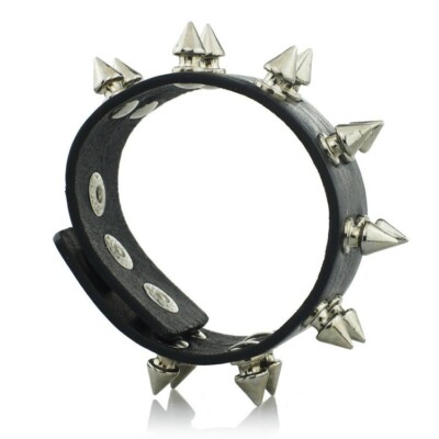 Emo Gothic Punk Black Leather Wide Band Bracelet with 2 Rows