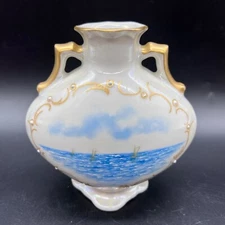 Antique PL Limoges France 5" White Double Handle Hand Painted Vase Sea Landscape