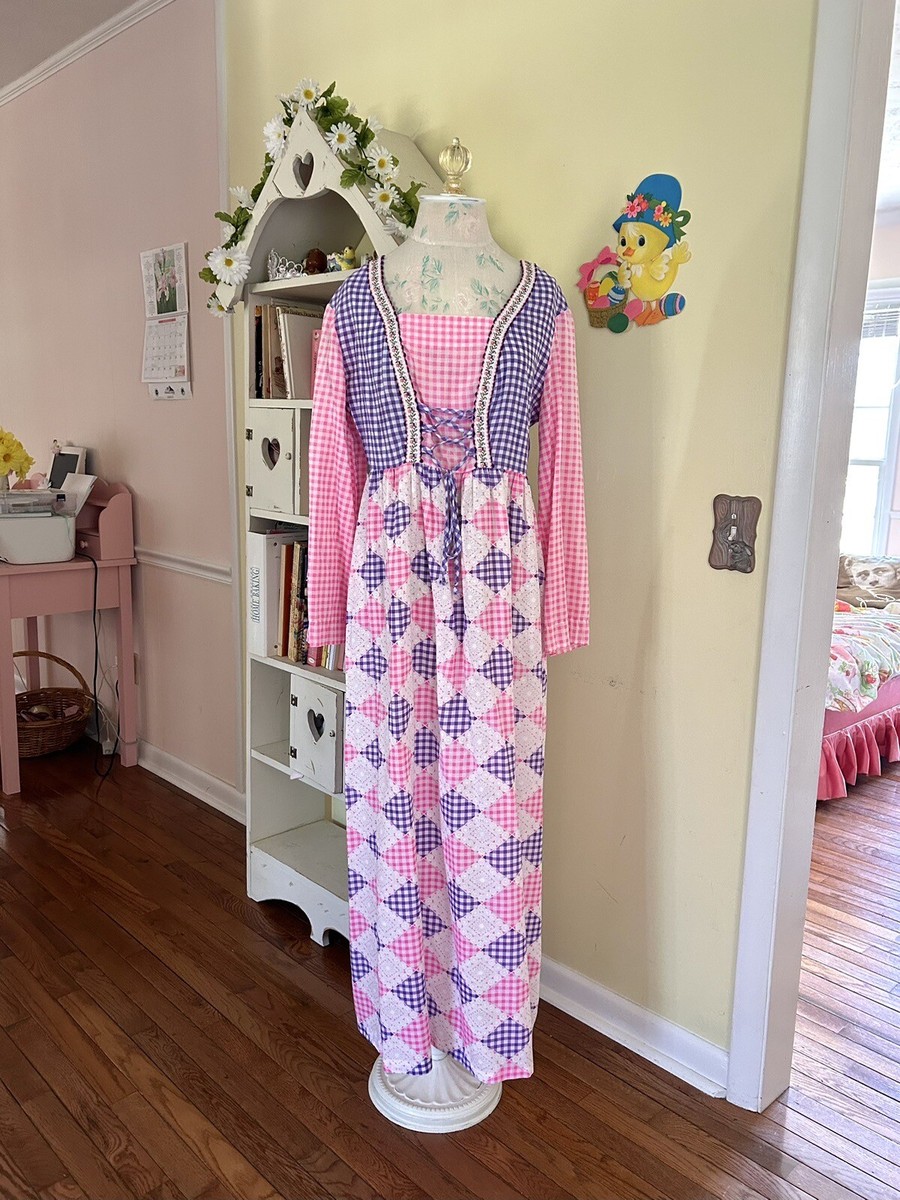 vintage 70s boho hippie pink purple gingham patchwork prairie maxi