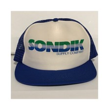 Vintage 80s Trucker hat Blue Graphic Logo Made in USA