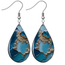 Faux Marble Glitter Teardrop Earrings Teal Blue Gold Dangle Drop Sterling Silver