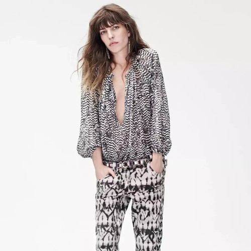 Isabel Marant x H&M Pour Ikat Silk Popover Long Sleeve Deep V-Neck Top Blouse 2