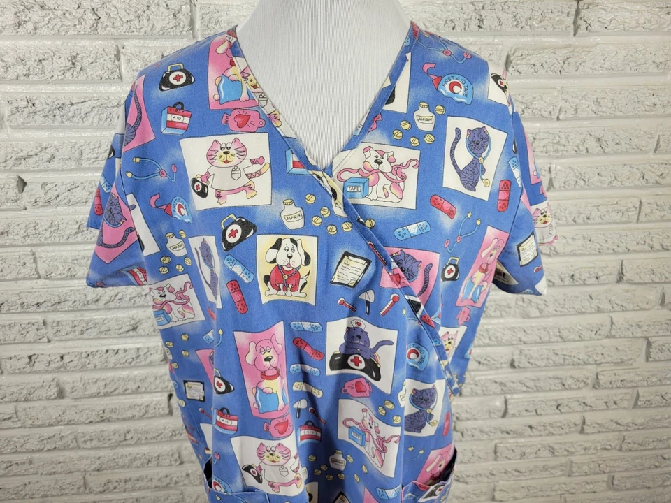 Absolute Unisex Scrub Top 1X Plus Short Sleeve Blue Dogs Cats Pockets Medical - Image 3 of 4