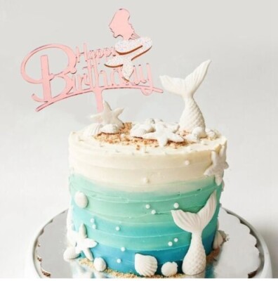 Bezaubernder Acryl Rosegold Happy Birthday Weiß Glitzer Meerjungfrau Tortenaufleger