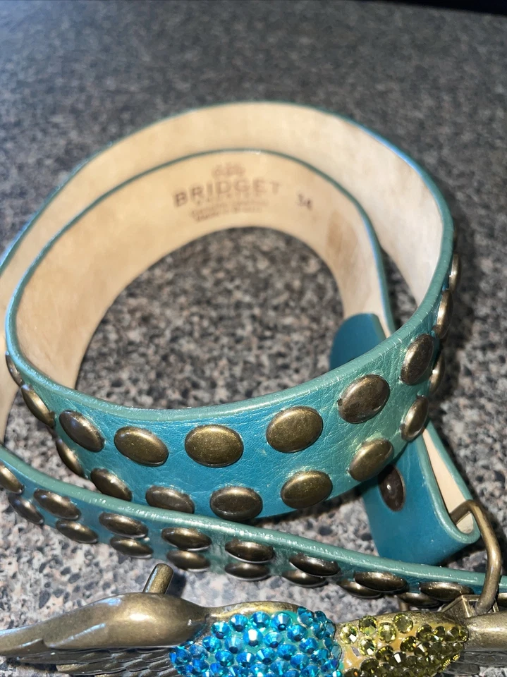 Cinturón Bridget Shuster de Cuero 34 Aqua Y Dorado Bling Corazón Alas Rodeo Western Foto 3 de 4