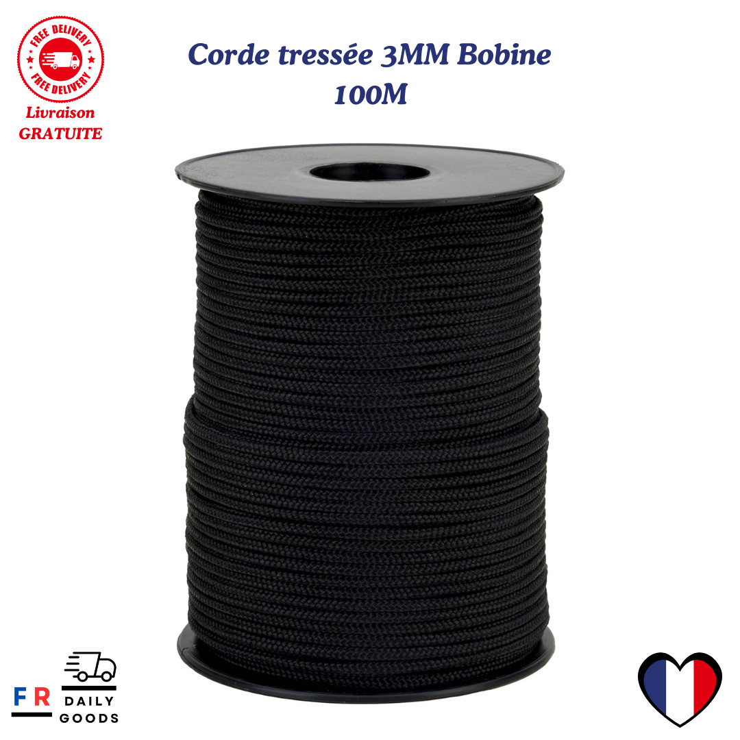 Corde tressée noire 3mm idéale pour le jardinage et l'arrimage sur remorque