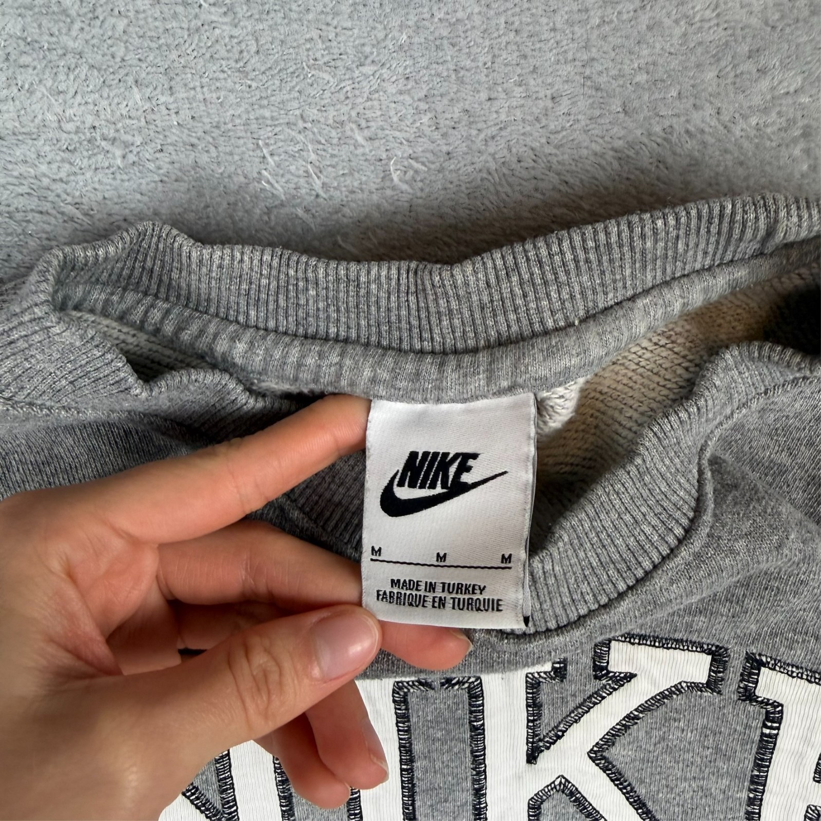 Vintage Nike Grey White Spellout Varsity Collegiate Oversized Medium Sweatshirt image 5