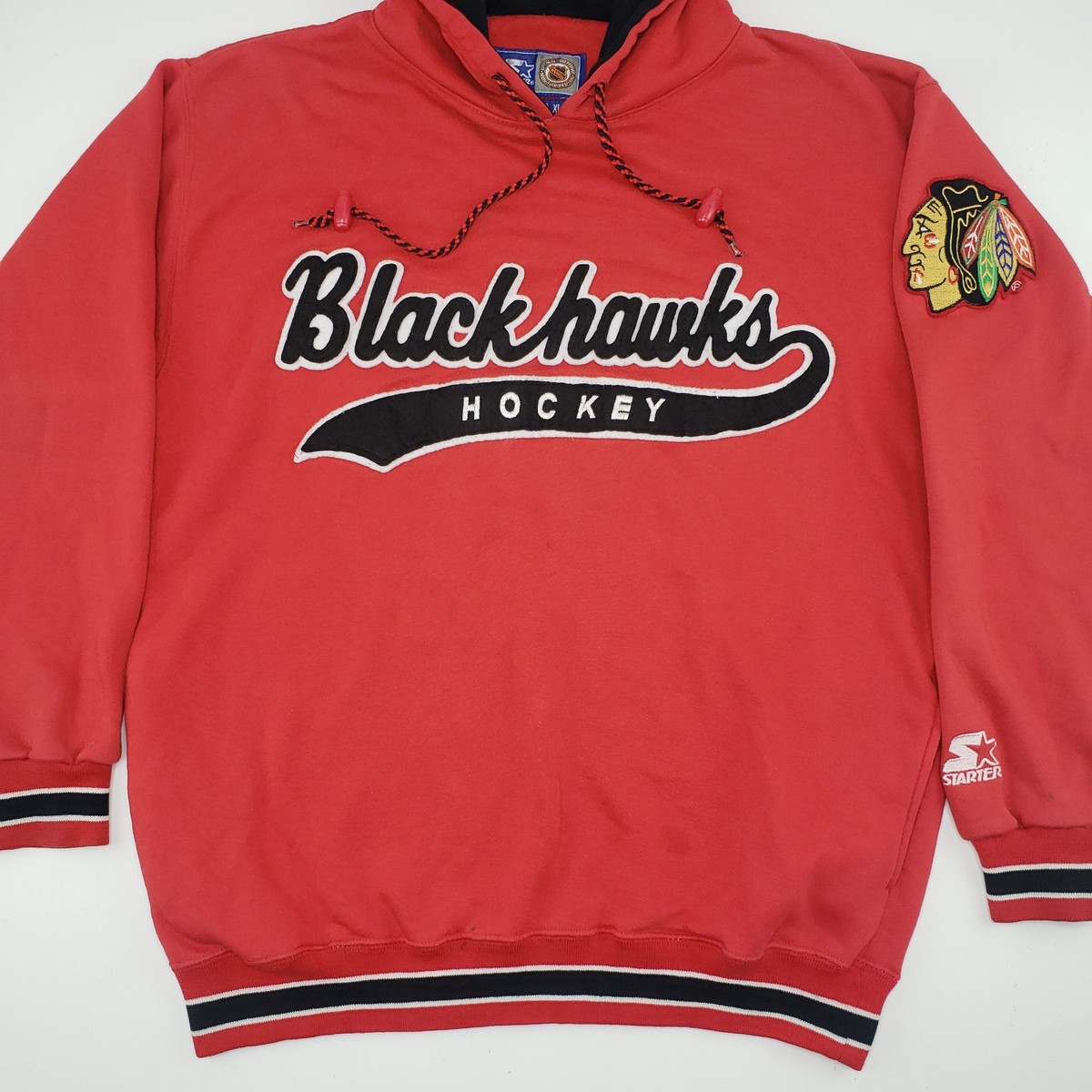 【90's】 STARTER　NHL　シカゴ・ブラックホークス　公認パーカー Vintage 90s Starter Chicago Blackhawks Script Hoodie Red YOUTH XL