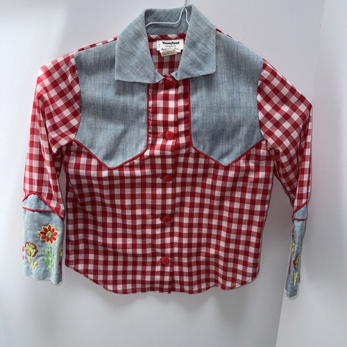 Vtg Youngland Red Plaid Western Denim Embroidered Long sleeve Shirt Girls 8 - Picture 2 of 9