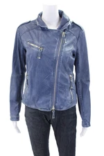 Gimos Womens Leather Zipped Collared Long Sleeve Patchwork Jacket Blue Size M