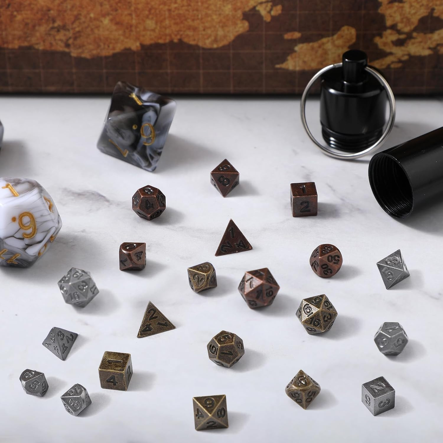 Grevosea 21 Pcs Mini Dice Set, DND Dice Metal Micro Miniature Dice with EDC