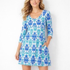 Boden Mini Dress Womens 6 Blue Geometric 3/4 Sleeve Preppy Casual Shift Resort