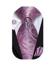Men's Tie Set Solid Paisley Silk Striped Necktie Cufflinks Pocket Square