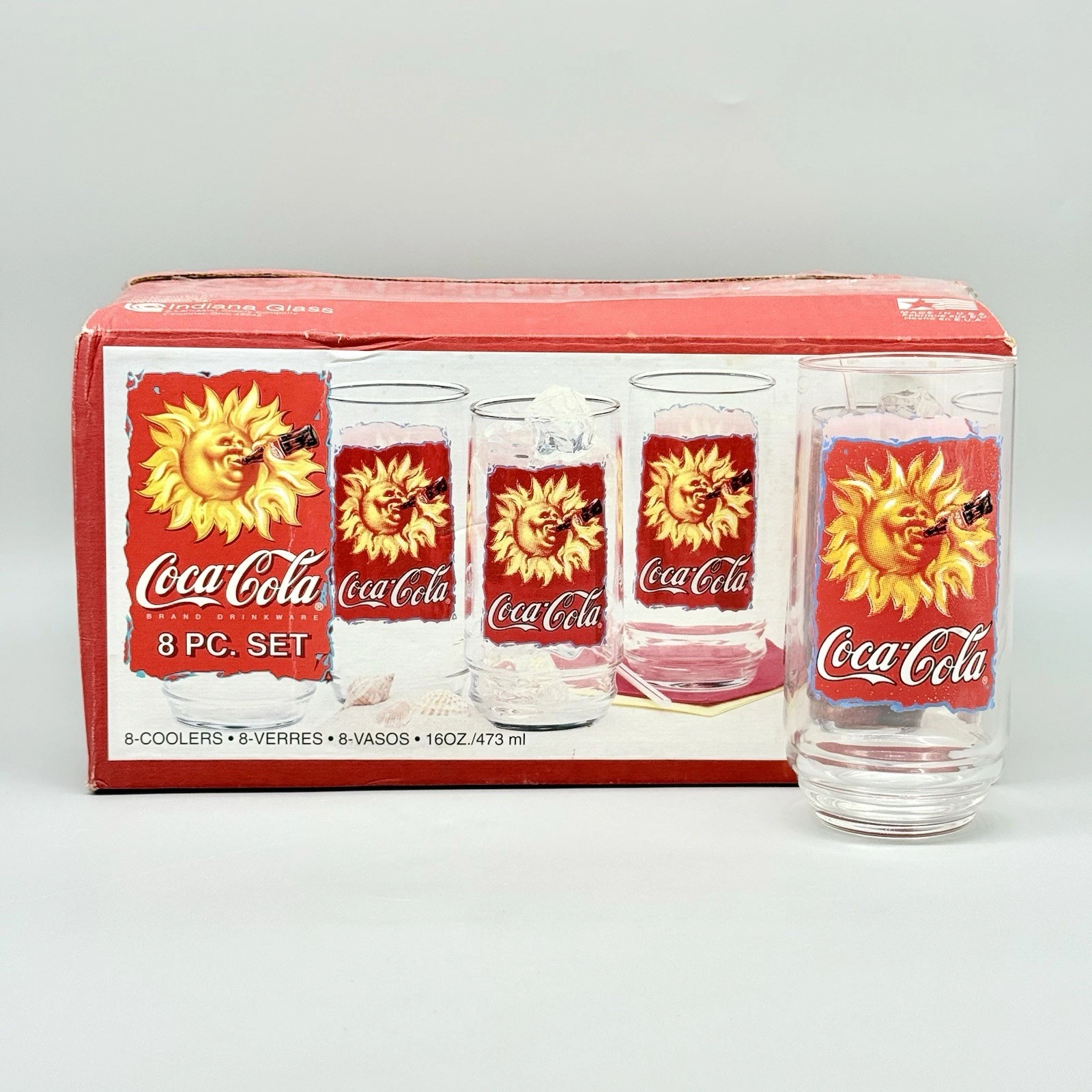Vintage Indiana Glass Coca-Cola Glasses Coolers 1995 In Box 8 Pc Beverage Set
