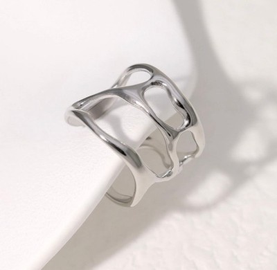 Edelstahl Ring Silber Damen Herren Verstellbar Organisch Abstrakt Breit Unisex