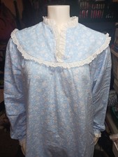 Vintage Long Blue Flannel Nightgown Small With White Flowers And Trim