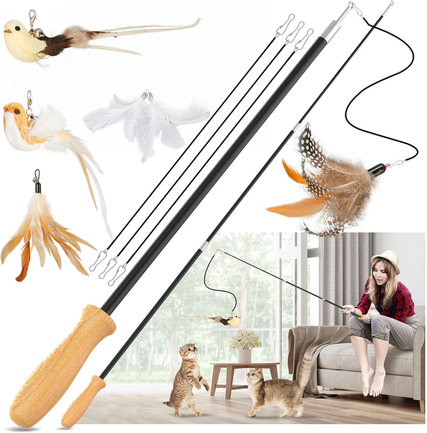 Cat Teaser Wand Toys, Interactive Bird Toys for Indoor Kittens, 42.15’’ Long Cat