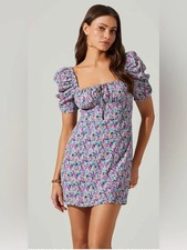 ASTR the Label Floral Puff Sleeve Minidress in Blue Fuchsia Flora Size Small
