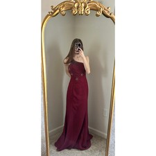 Vintage Y2K 90s Fleur de Lis Beaded Iridescent Red Star Burst One Shoulder Dress