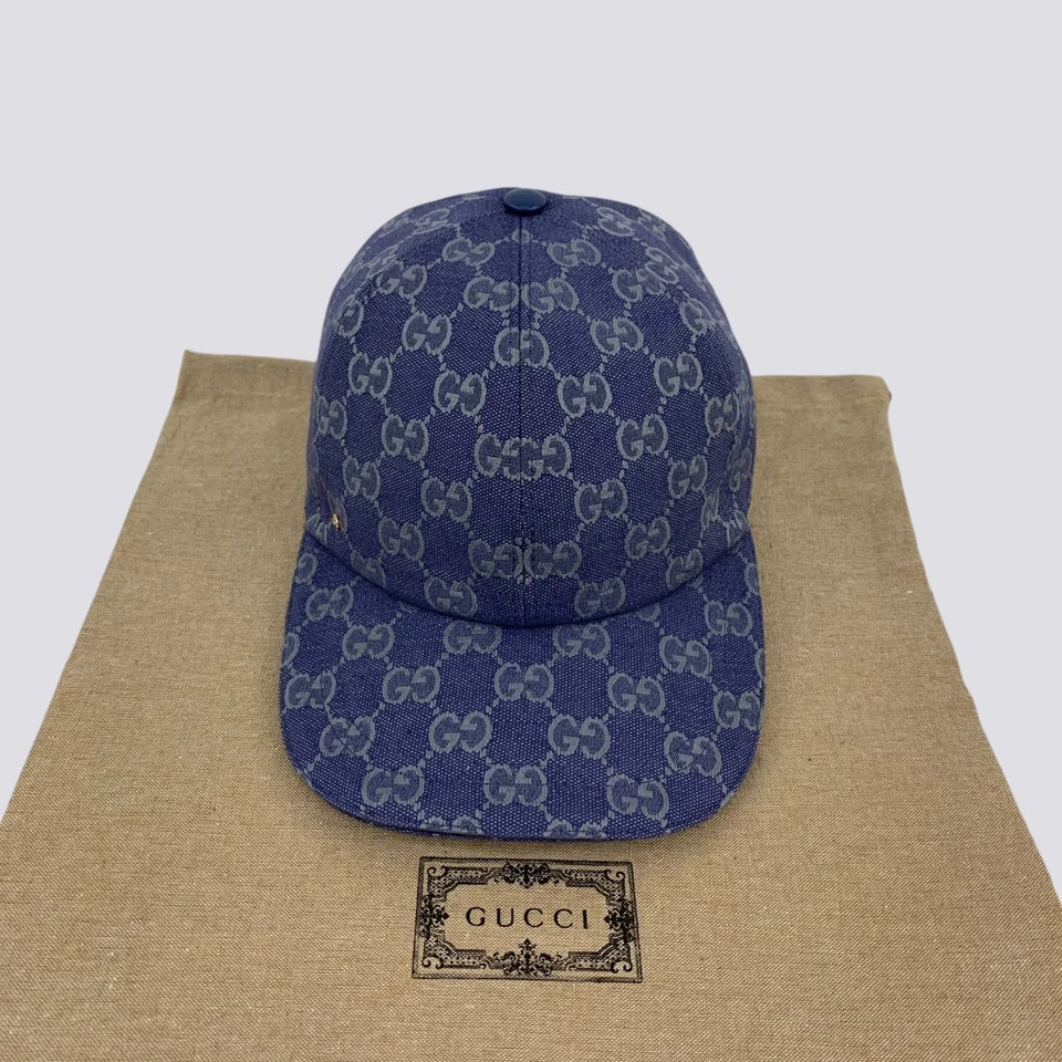 Cappello berretto baseball Gucci GG monogramma tela cotone blu navy taglia M - Immagine 3 di 4