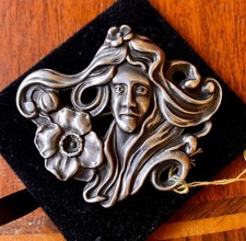 Art Nouveau Maiden Woman Flower Brooch Sterling Silver Flowing Hair