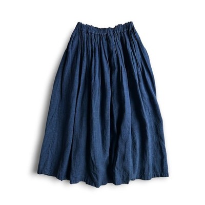 ICHI Antiquites Linen Indigo Long Skirt Gathered Elastic Waist Japan Free
