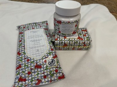 Beekman Goat Milk 3-piece Set in Pistachio/Dark Cherry. Soap, Wipes, Body Cream.