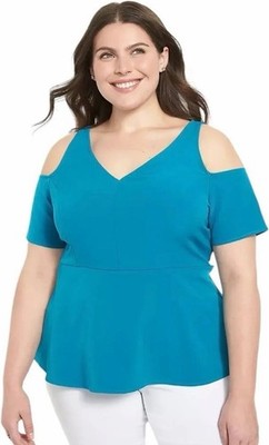 Lane Bryant Cold Shoulder Peplum V Neck Top Teal Turquoise Blouse Size 14/16