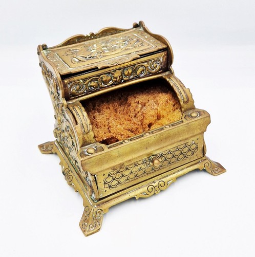 VICTORIAN GOTHIC CAST BRONZE / BRASS STAMP BOX & DAMPENER c1880 ADOLPH FRANKAU