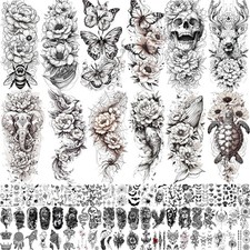 71 Sheets Rose Peony Flower Temporary Tattoos Black Florals Half Arm Sleeve Bulk