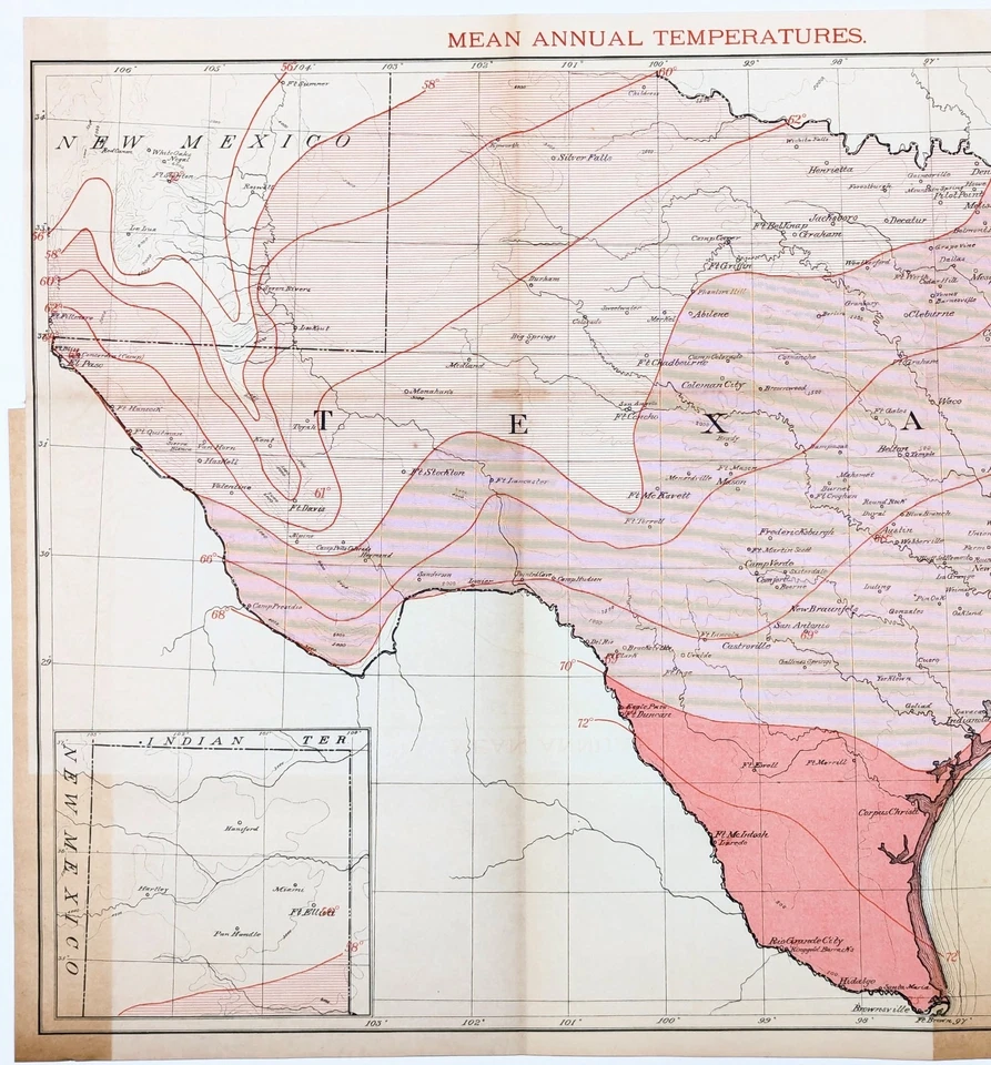 1892  TEXAS Map ORIGINAL (20x16) Mean Annual Temperature - San Antonio - Image 2 of 3