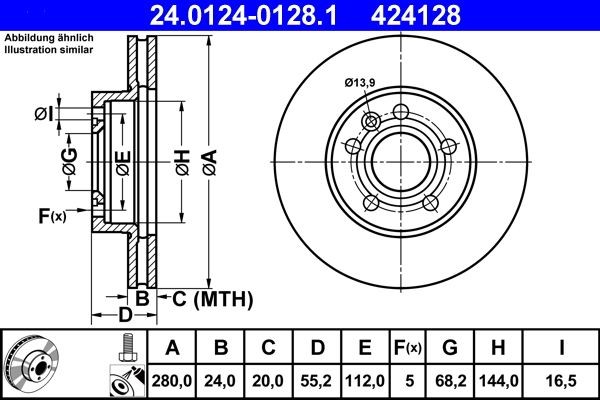 2X Ate Bremsscheibe 24.0124-0128.1 FüR Vw-image