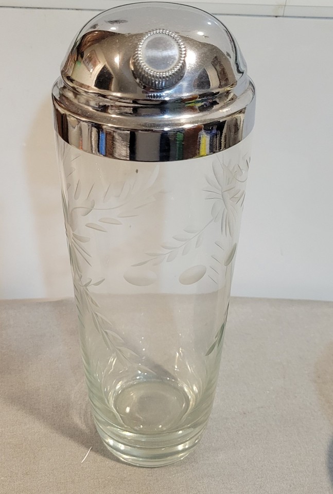 Vintage Mid-Century  Floral  Etched Glass Cocktail Shaker with Chrome Lid 