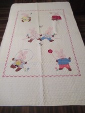 Vintage Baby Quilt - Handmade  Hand Embroidered - Bunnies - 37x56 - h3 mm