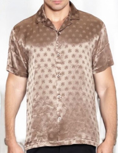 Men's Jacquard Ornate Shiny Button Front Shirt Medium Smooth Taupe New NWT