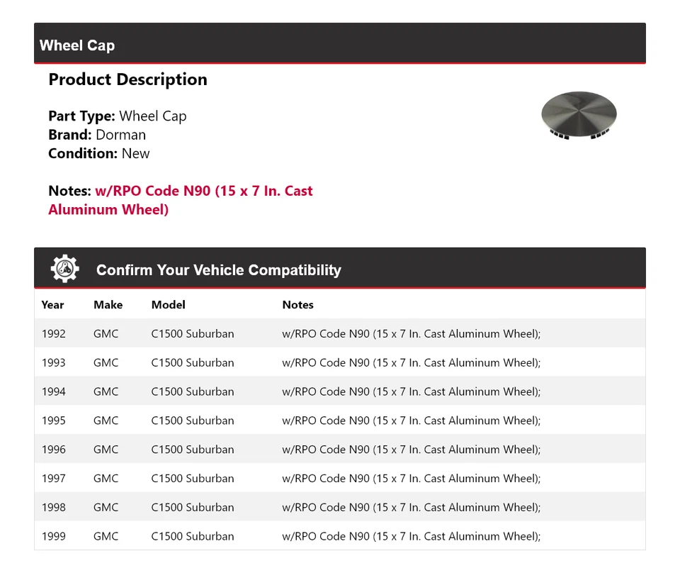 Tapacubos para GMC C1500 1992-1999 Suburban Dorman 1993 1994 1995 1996 1997 1998 Foto 2 de 4