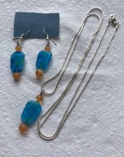Sterling 925 Necklace & Chain With Matching Glass Beaded Wire Earrings Set XE-11