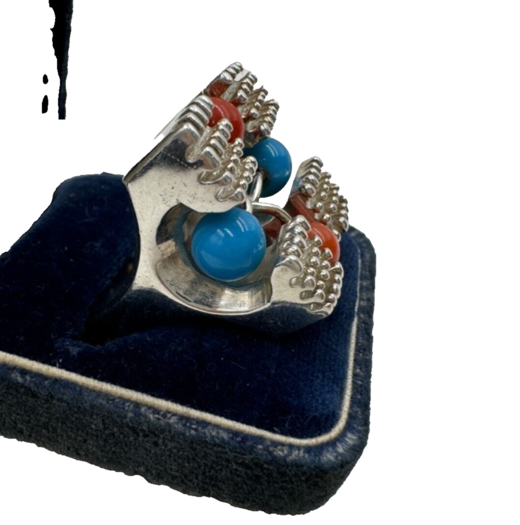 GORG SETTING STERLING SILVER LARGE RING CORAL BLU… - image 8
