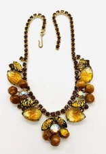 Albert WEISS Molded Glass Cats Eye Rhinestone Necklace Signed Vintage Jewelry