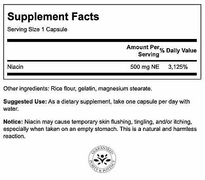 Natural Swanson Organic Niacin 500 mg 250 Capsules Vegan Vegetarian