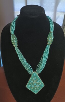 Bijoux Terner Necklace 20 Strand Blue Beaded 26'' 4'' Pendant 140g Heavy Chunky
