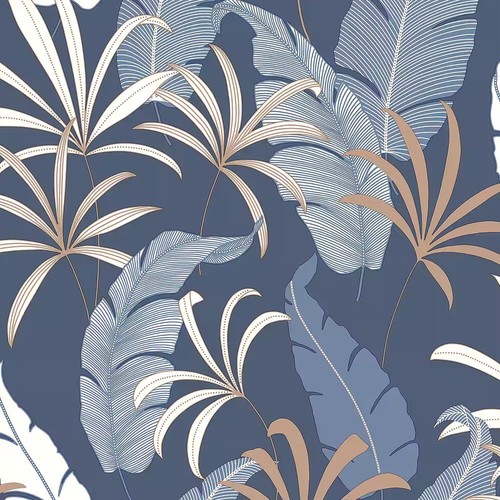 Arthouse Selago Blue Leaf Wallpaper Metallic Bronze Effect Modern Paste