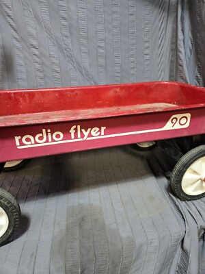 Vintage Radio Flyer 90 Red Pull Wagon Plastic Wheels Toy Child's