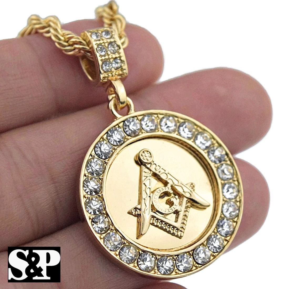 Collana Hip Hop Masonic MaxBling81 Con Piastrina E Pendente Tondo Placcato Oro 14K