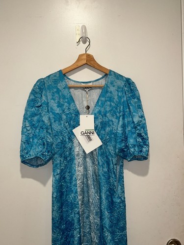 Neu mit Etikett Ganni blau Puffärmel Ganni gekräuselte Satin Midikleid Damengröße 36/4 - Bild 3 von 13