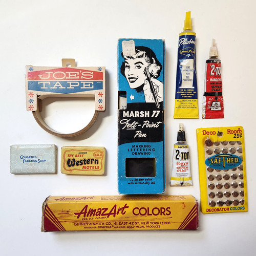 Muli-lot of VINTAGE ADVERTISING PACKAGES. Tubes, boxes, tape, soaps, thumbtacks