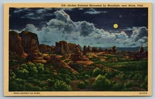 Arches National Monument Moonlight Moab Utah 1930s Linen Postcard N1D