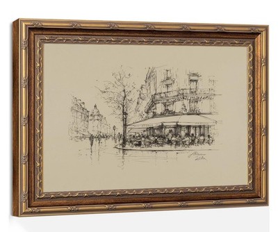 Vintage Paris Street Cafe Sketch Wall Art Print, Gold Framed European Citysca...