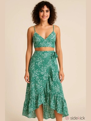 No Boundaries Size XL Green Floral Crop Top & Midi Wrap Skirt Set --CH9--